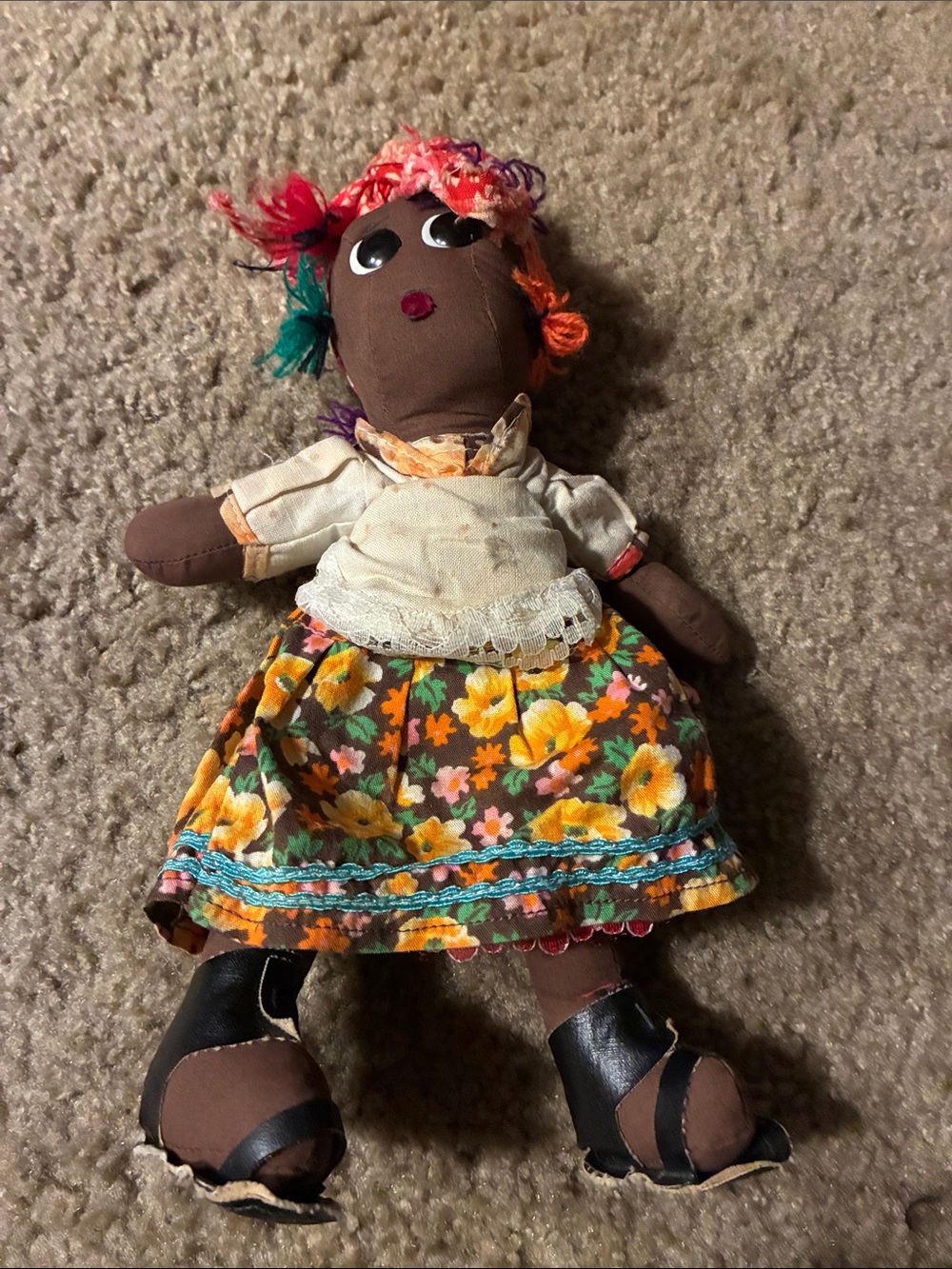 Handmade Brown Fabric Doll with Floral Dress